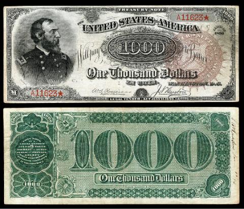 Рисунок 1. Банкнота министерства финансов США 1000 долларов выпуска 1890 года. Источник – The U.S. Currency Education Program (CEP)