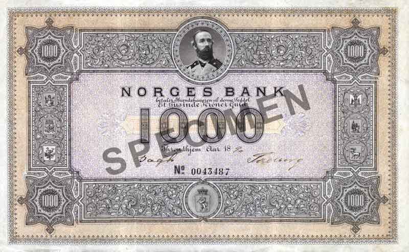 Рисунок 2. Аверс банкноты 1000 норвежских крон образца 1877 года (Серия I), источник – Банк Норвегии